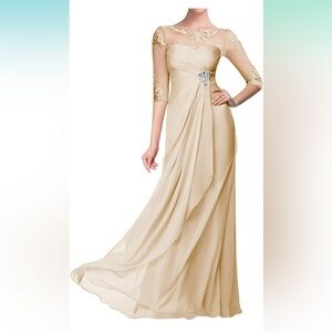 NWT Women's Chiffon Dress Long Lace Formal Evening Gown-(CHAMPAGNE GOLD)